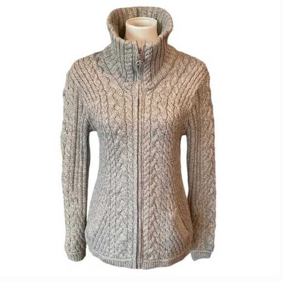 Aran Mor Merino Wool Irish Cable Knit Full Zip Cardigan Sz LG Oatmeal color - Picture 2 of 9